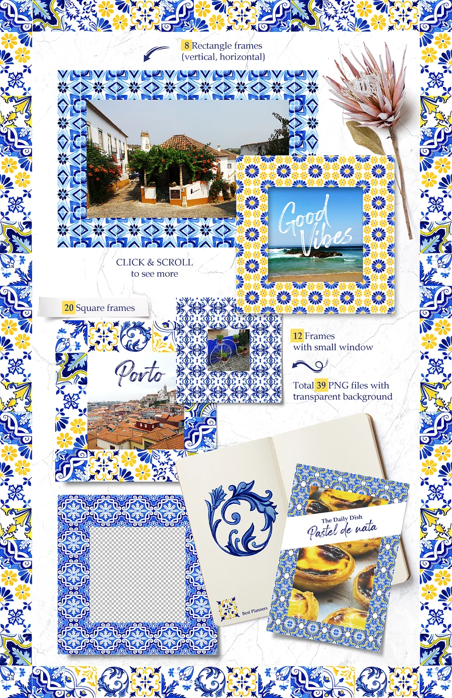 Portuguese Azulejos Tiles & Patterns Watercolor Clipart and Seamless Patterns BUNDLE product image (12)