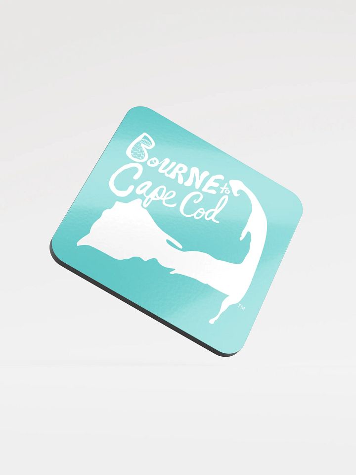 BOURNE to Cape Cod™ | Coastal Coaster | Glossed Cork | Eco-Friendly | Minimalist Coastal Decor | 3.74" Square | White Logo on Dark Turquoise product image (1)