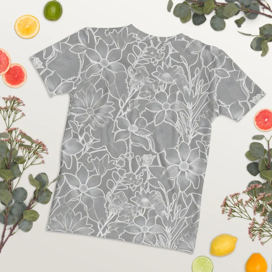 Line art Gray and White Floral/All-Over Print Women's Crew Neck T-Shirt by Sublicolor product image (5)