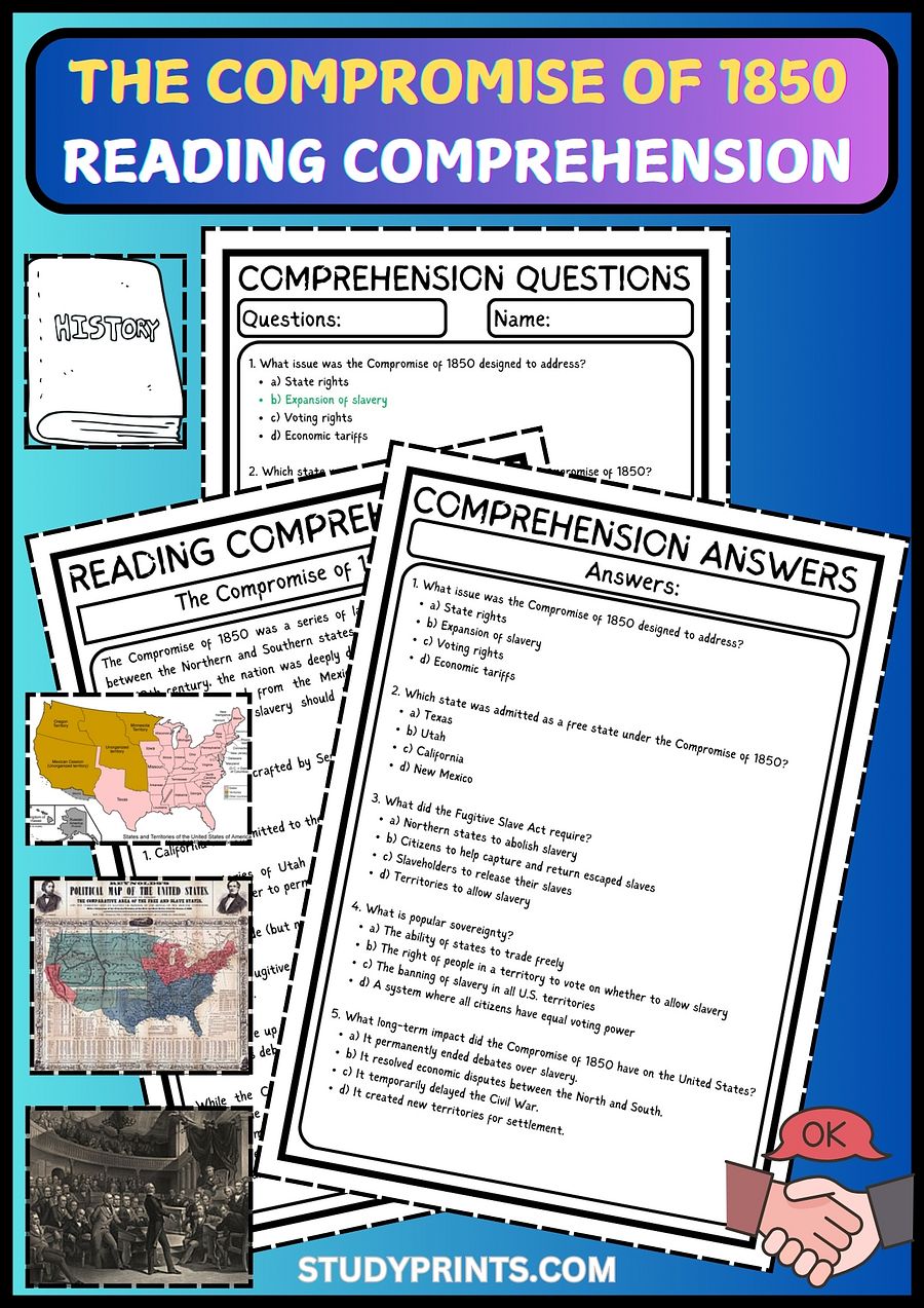 the Compromise of 1850 READING COMPREHENSION WITH 5 QUESTIONS PDF WORKSHEET product image (1)