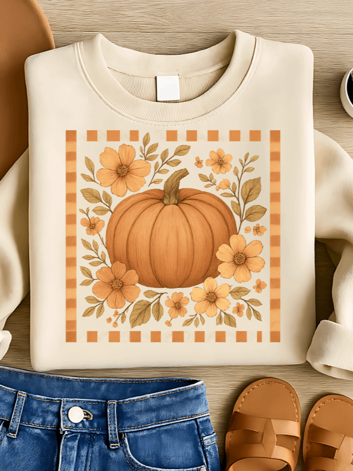Retro Floral Pumpkin Sublimation PNG – Vintage Autumn Clipart for T-Shirts – Cozy Fall & Seasonal Flower Theme – 300 DPI Instant Digital Download product image (1)