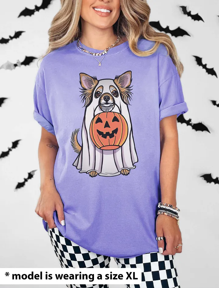 Funny Halloween Longhaired Chihuahua T-Shirt | Funny Chihuahua Wearing a Ghost Costume and Holding a Pumpkin Basket product image (24)
