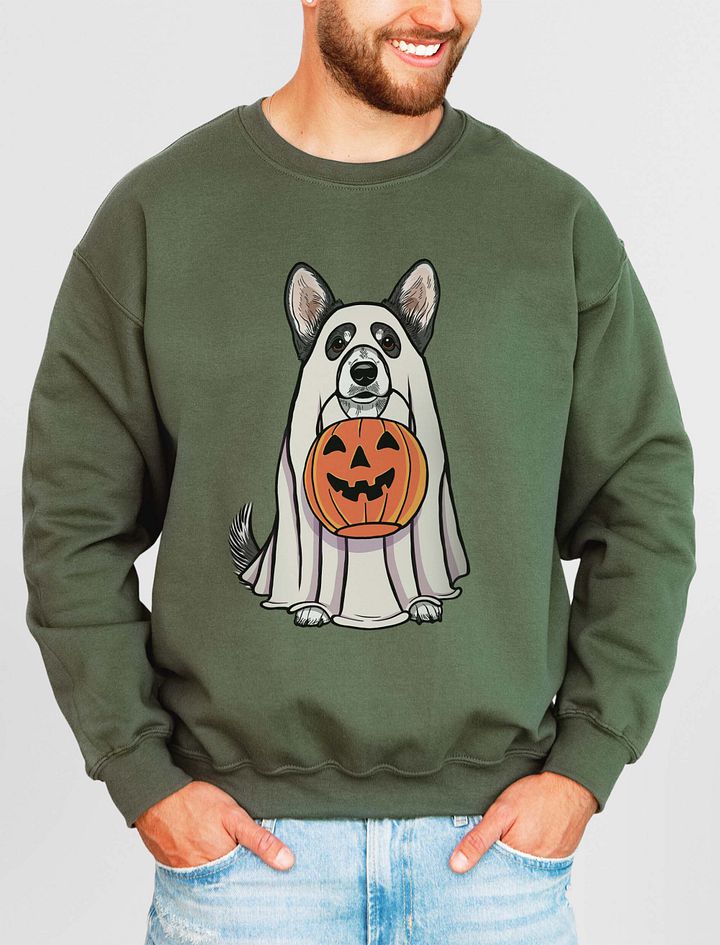 Funny Halloween Cardigan Welsh Corgi(Black & White) Sweatshirt | Funny Corgi Wearing a Ghost Costume and Holding a Pumpkin Basket product image (11)