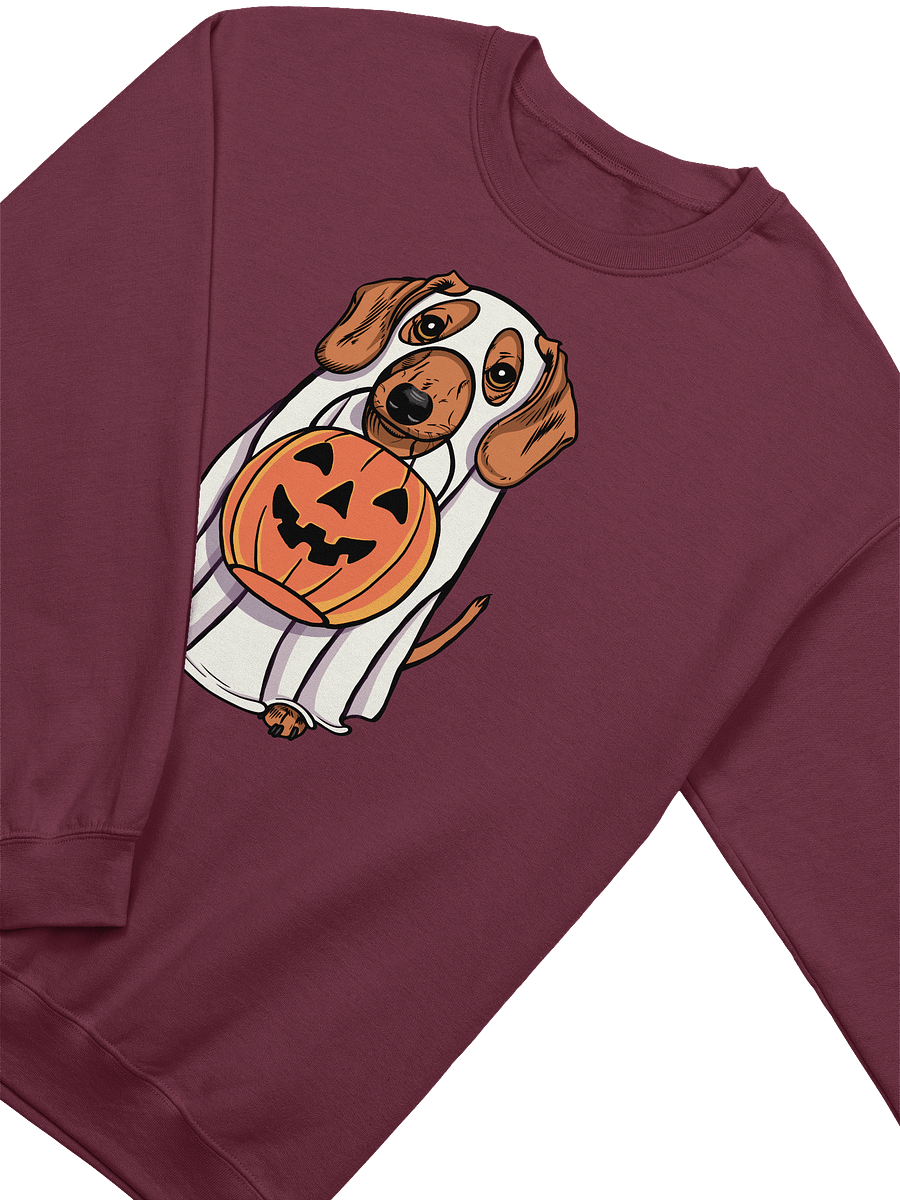 Funny Halloween Dachshund(Tan) Sweatshirt | Funny Doxie/Wiener Wearing a Ghost Costume and Holding a Pumpkin Basket product image (13)