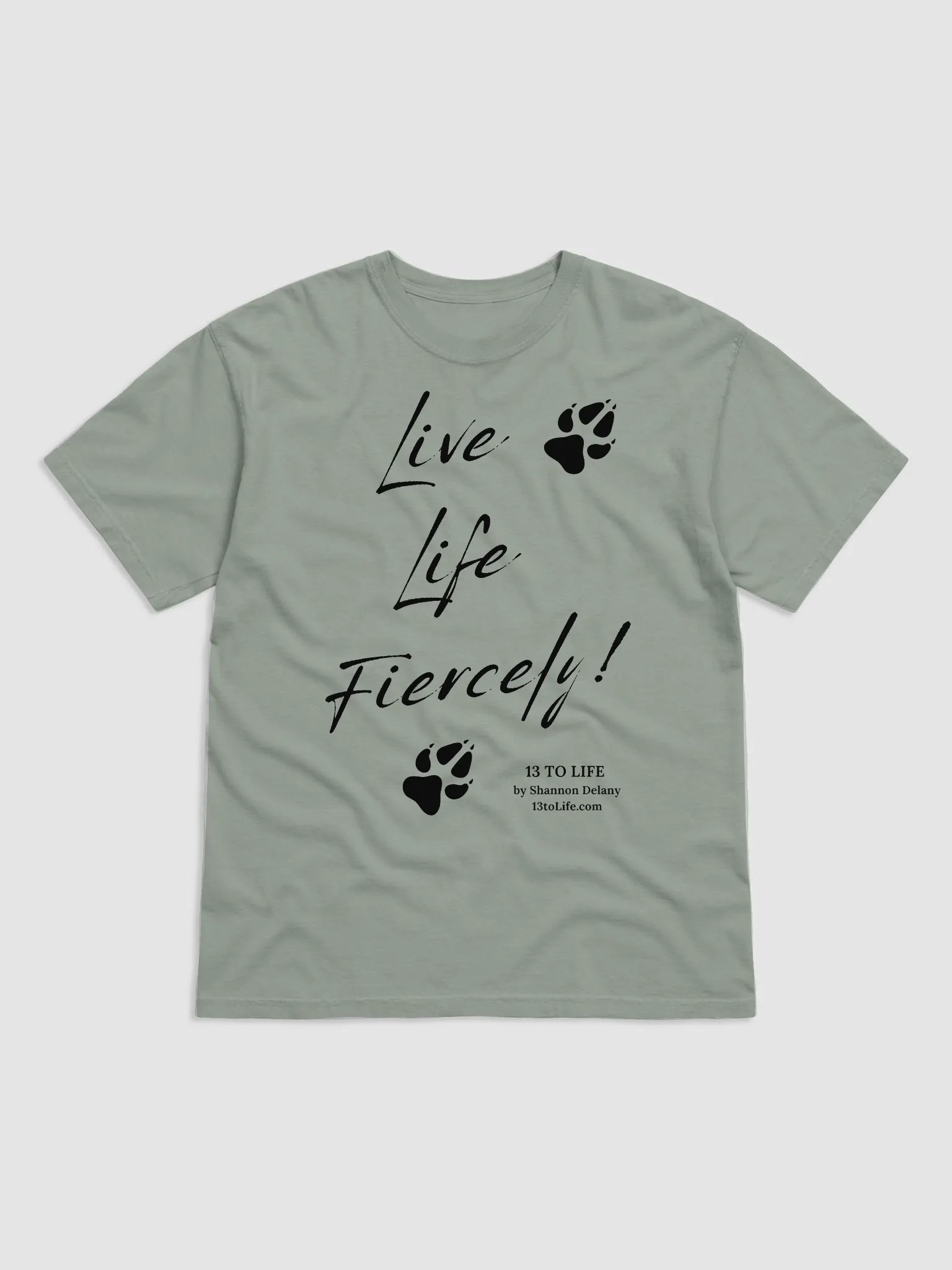 Live Life Fiercely – 13 TO LIFE Paw Print T-shirt – Black Print on Color product image (1)
