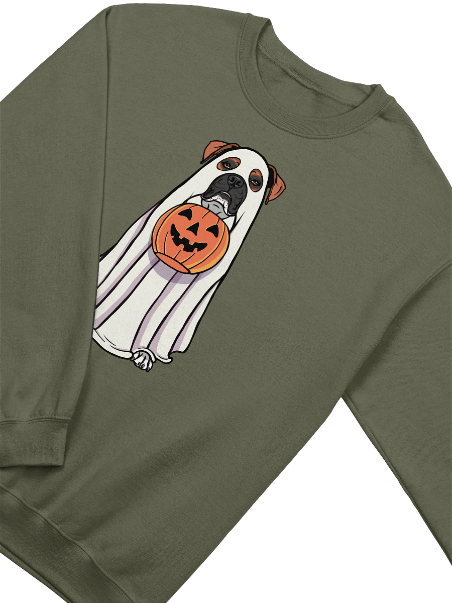 Funny Halloween Boxer Dog(Black Mask) Sweatshirt | Funny Boxer Wearing a Ghost Costume and Holding a Pumpkin Basket product image (4)