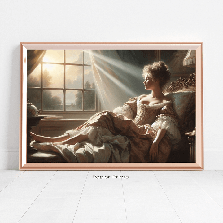 Elegant Repose: Vintage Oil Painting of Young Woman Lounging on a Chaise product image (2)