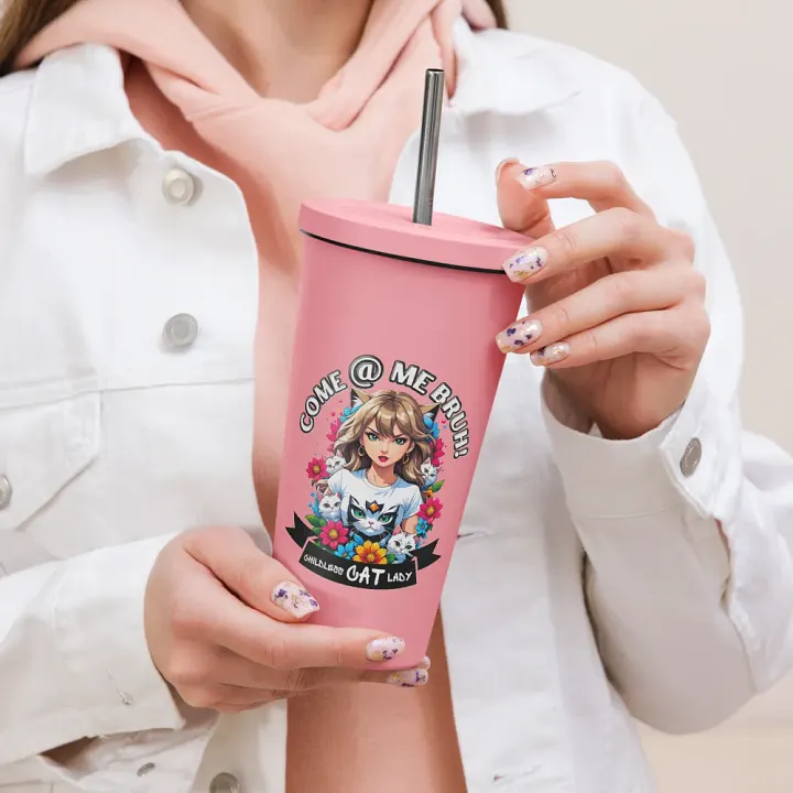 Childless Cat Lady 20 oz Tumbler Cup - Pink - Insulated Tumbler with a Straw product image (2)