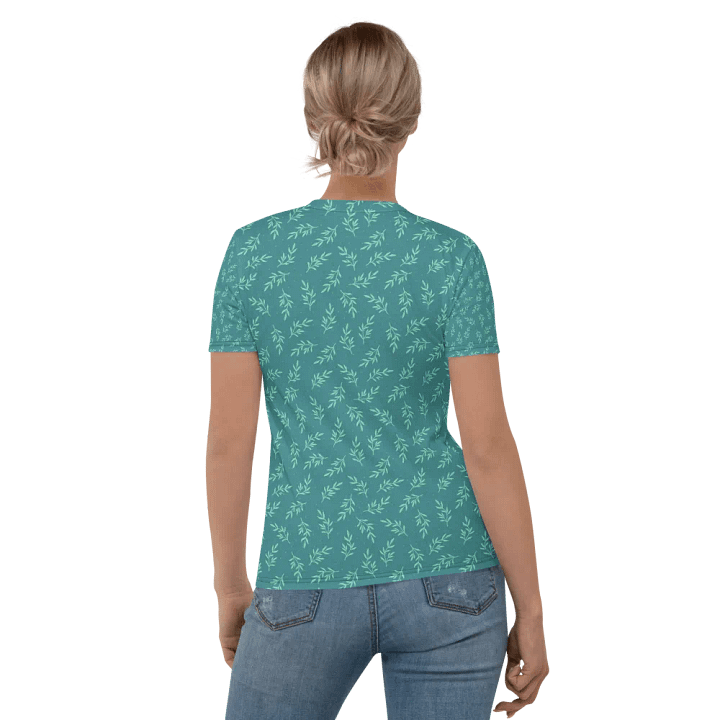 Ladies T shirt all over print teal color  leafy design  giving a fresh healthy feel. product image (1)
