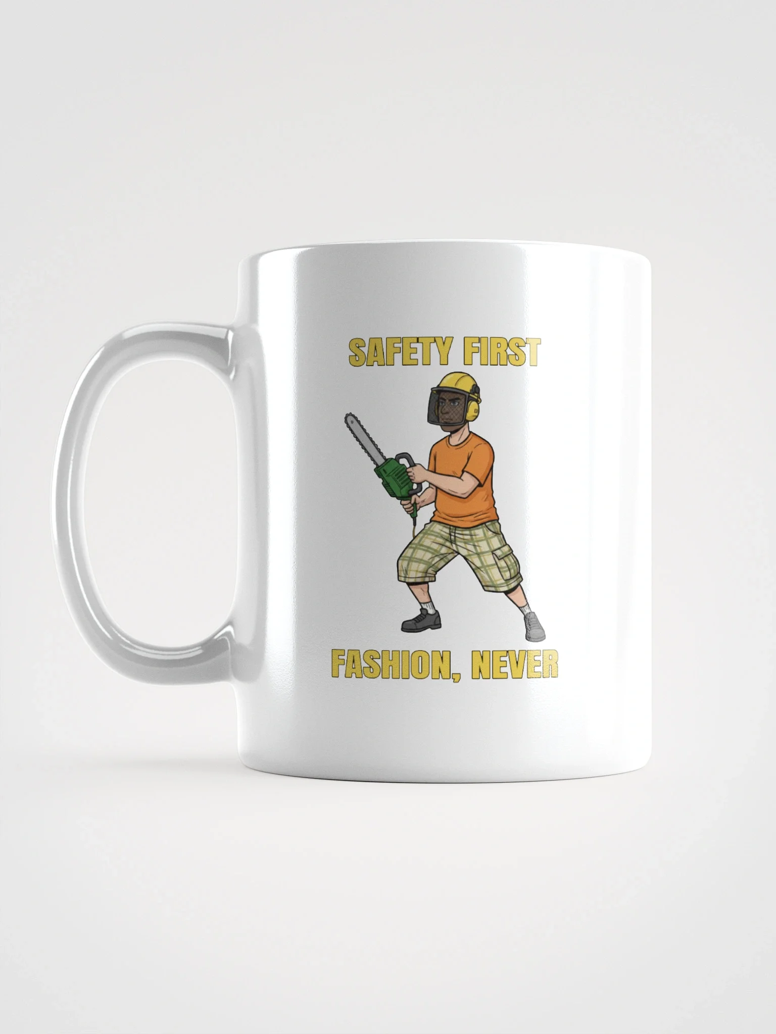 White Glossy Mug with Safety First, Fashion Never product image (1)