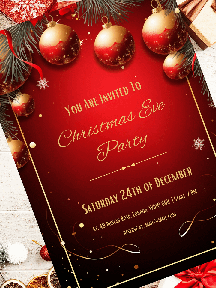 Vivid Red and Gold Christmas Party Invitation | Editable in Canva | Christmas Party Printable | Holiday Invitation Template | Link to Canva product image (1)