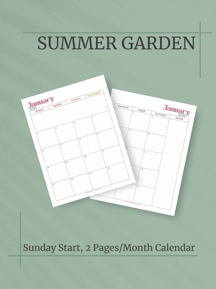 Summer Garden 2026 Calendar - 2 Pages per Month, Sunday Start, Letter Size product image (1)
