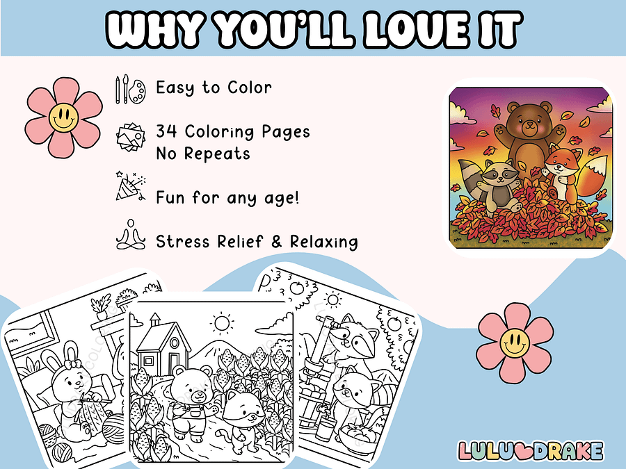 Fuzzy Buddies Cozy Fall Coloring eBook, BIG PACK 34 Pages | ★ DIGITAL ★ product image (4)
