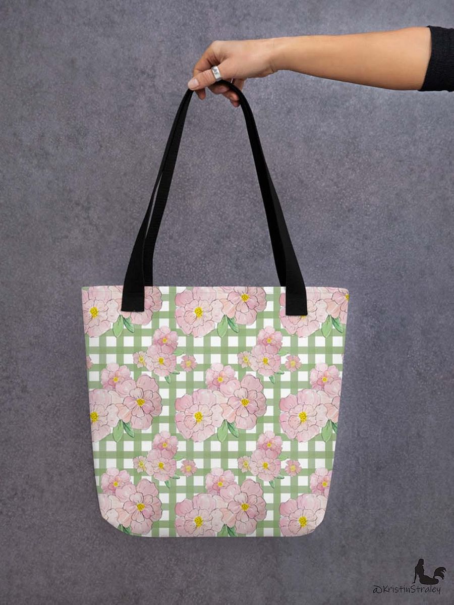 Gingham Blossoms - Med Pink Flowers on Green Gingham product image (5)