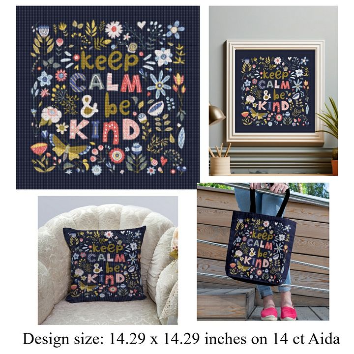 Keep Calm & Be Kind | Whimsical Flowers | Butterfly & Flowers Printable Cross Stitch Pattern for Child's Room product image (1)