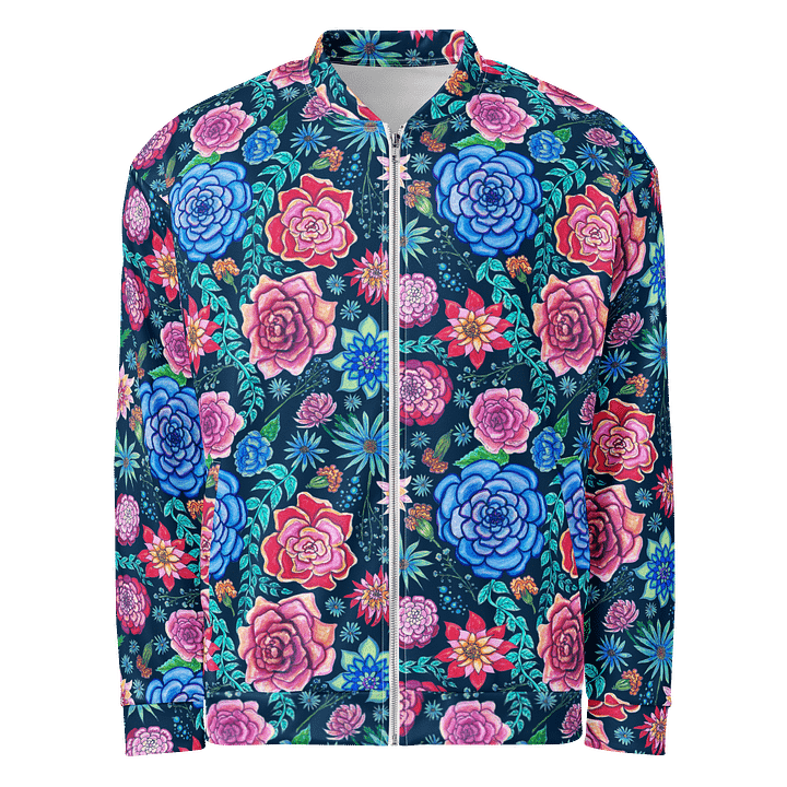 🌸 Bold Blooms, Bold Moves | Pink + Blue on White | Floral Unisex Bomber Jacket | Monique Faella Designs™ product image (1)