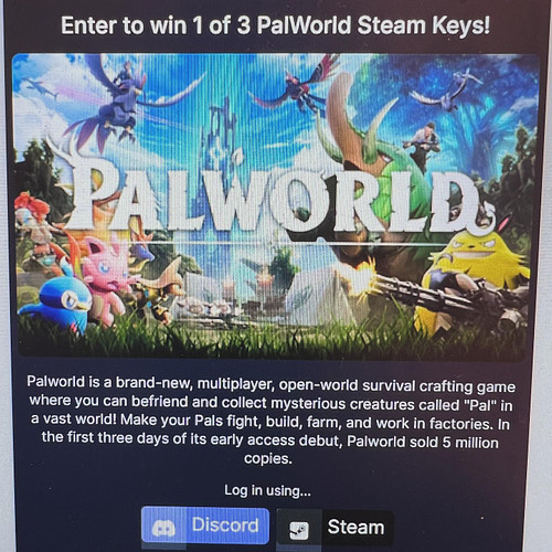 Doing #palworld #giveaway for Steam. Ends in 2 days!
Https://gleam.io/YrGCj/modernbroadcast-presents-palworld-giveaway