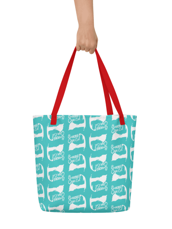 BOURNE to Cape Cod™ | Large Tote Bag with Pocket | Coastal Classic | All-Over Logo Print | White Logo Repeat on Dark Turquoise product image (1)