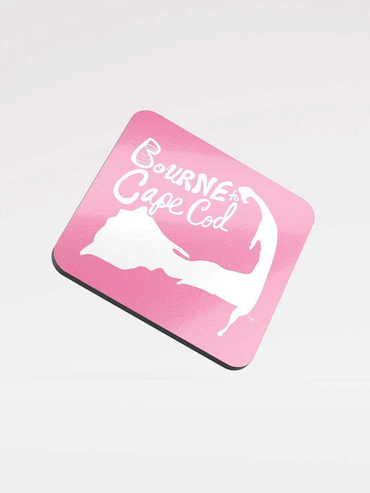 BOURNE to Cape Cod™ | Coastal Coaster | Glossed Cork | Eco-Friendly | Minimalist Coastal Decor | 3.74" Square | White Logo on Brilliant Rose product image (1)