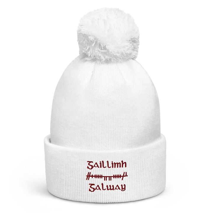 Galway/Gaillimh Orthodox Style Ogham, white with maroon, embroidered Pom-Pom Beanie product image (1)