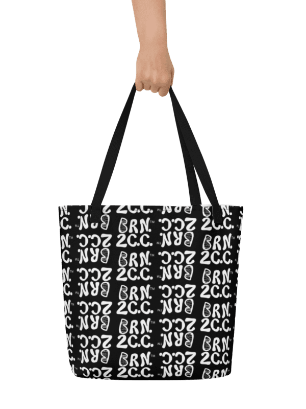 BRN.2C.C.™ | Large Tote Bag with Pocket | Coastal Classic | All-Over Logo Print | White Logo Repeat on Black product image (2)