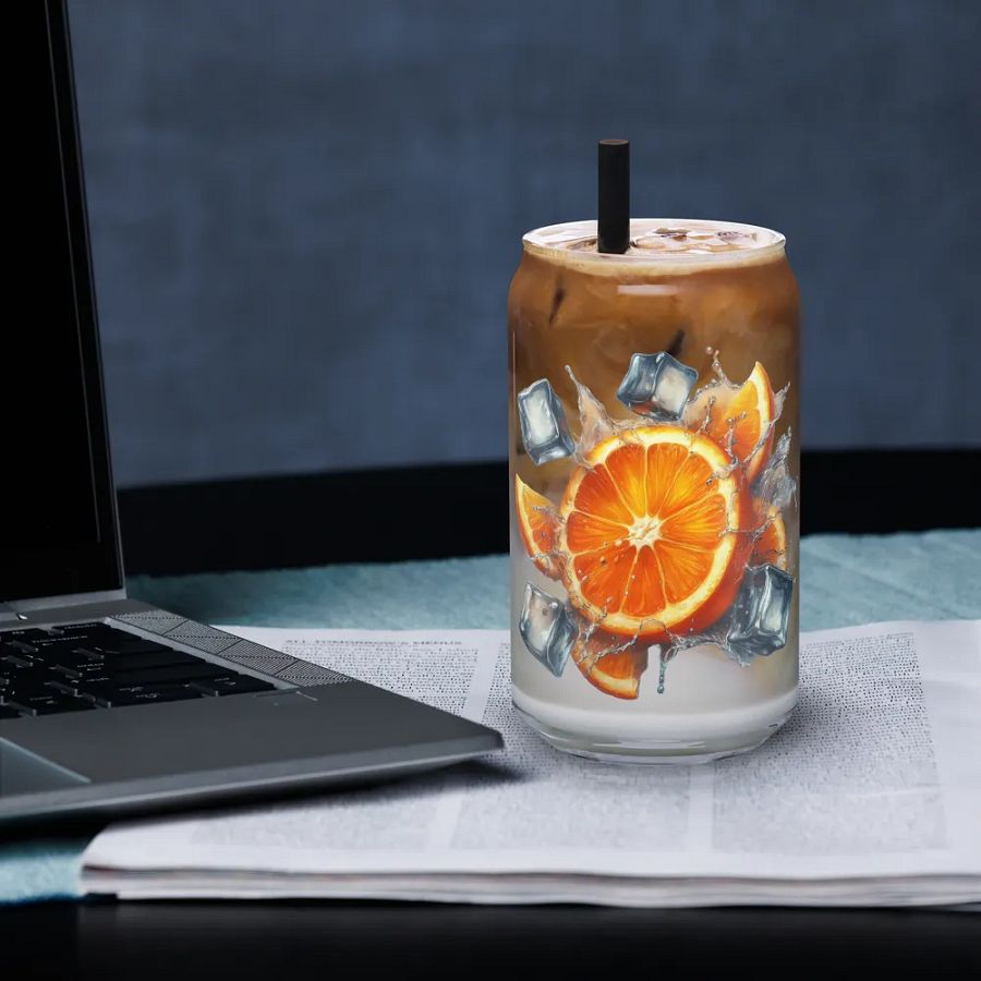 Orange fruit slices floating in the water, water and ice cubes design_02-Can-Shaped Glass product image (3)