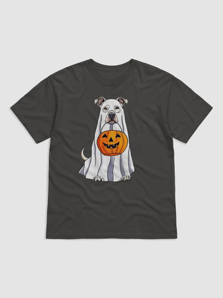 Pitbull(White) Halloween Tee | Funny Fall Halloween Staffordshire Wearing a Ghost Costume with Pumpkin Basket product image (7)