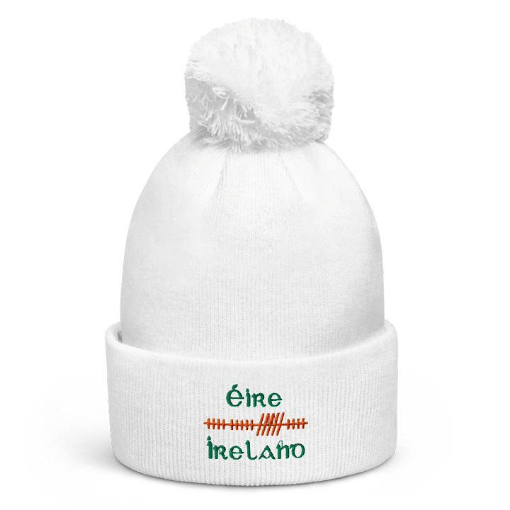 Ireland/Éire Orthodox Style Ogham, White with Green and Orange, embroidered Pom-Pom Beanie product image (1)