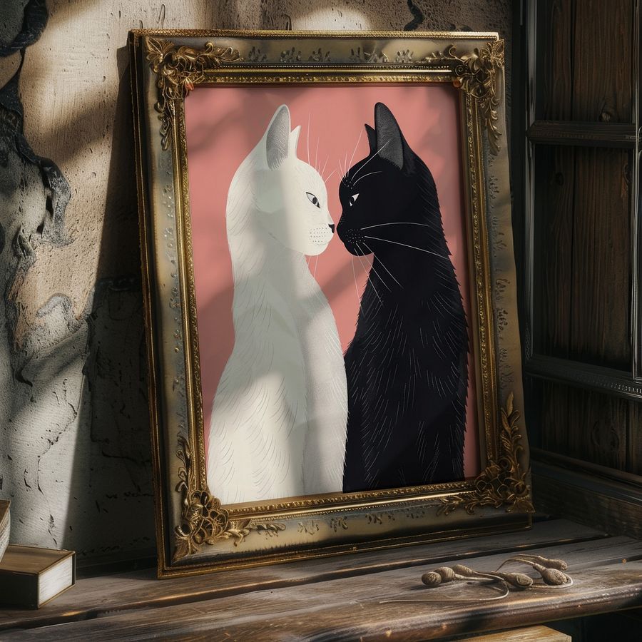 Lover Cats ~ Yin& Yang Valentine Felines Pastel Pink Art Print product image (26)