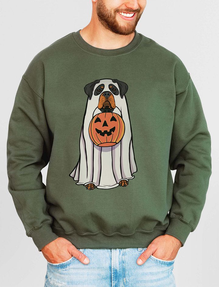 Funny Halloween Rottweiler Sweatshirt | Funny Rottie Wearing a Ghost Costume and Holding a Pumpkin Basket product image (11)