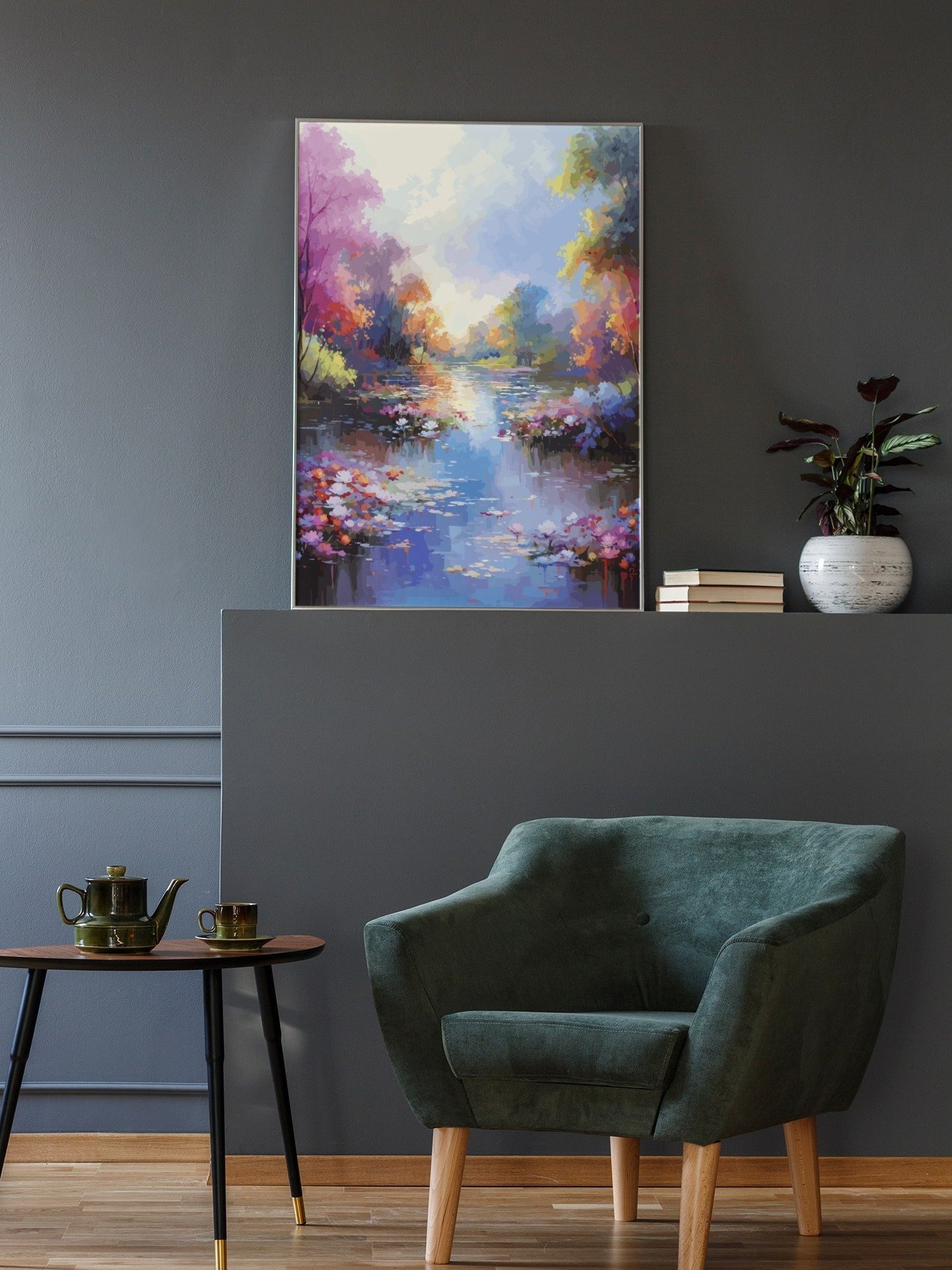 Impressionist River Landscape Art Poster, Colorful Autumn Water Scene, Serene Nature Print for Relaxing Home and Office Decor product image (2)