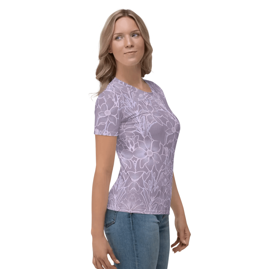 Line art Lilac and Pink Floral/All-Over Print Women's Crew Neck T-Shirt by Sublicolor product image (1)