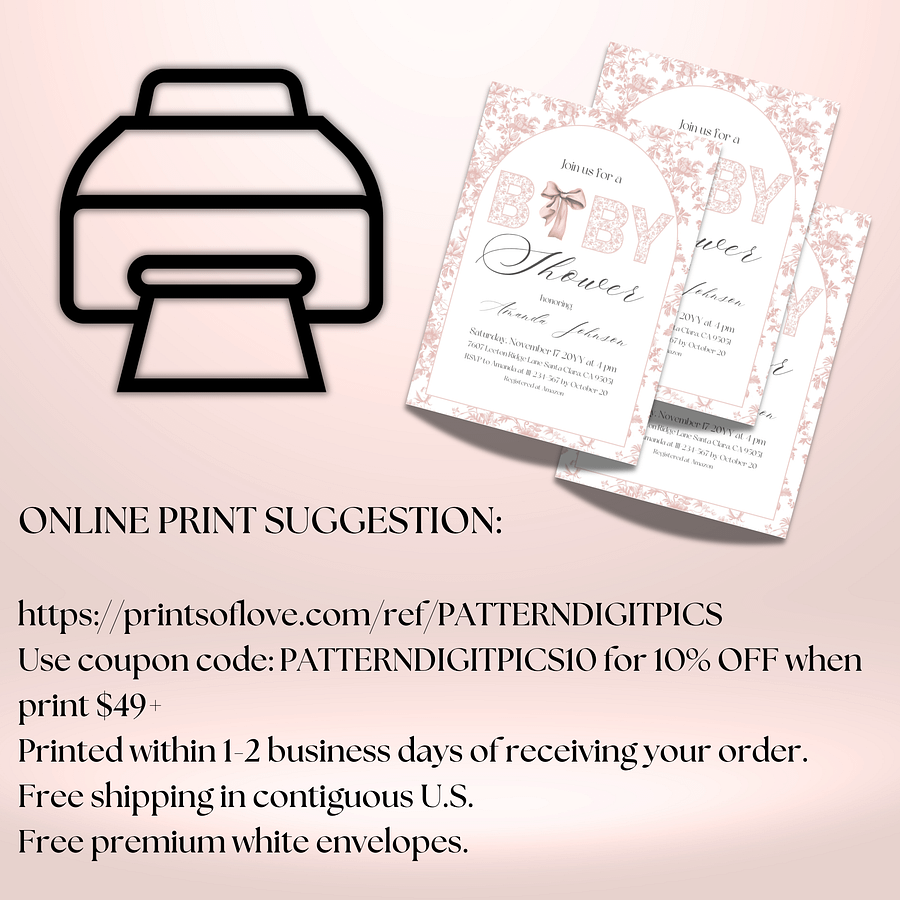 Pink Toile de Jouy and Bow Baby Shower Invitation, Chinoiserie Floral Themed Girl Baby Shower Invite for Digital Download product image (10)