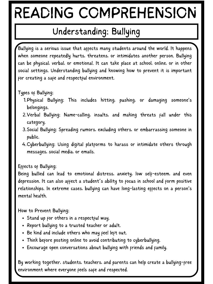bullying reading comprehension activities for middle school product image (2)