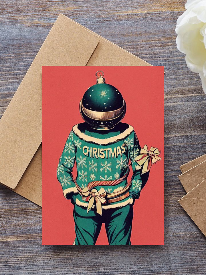 Retro Bauble Spaceman Ugly Sweater Kitsch Christmas Cards Pack of 10 • 5×7 product image (2)