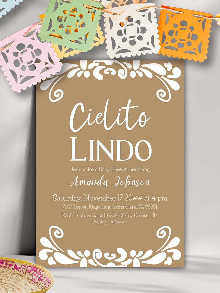 Cielito Lindo Baby Shower Invitation Template for your Talavera Inspired Mexican Fiesta Party - Beige Gender Neutral Printable Invite product image (1)