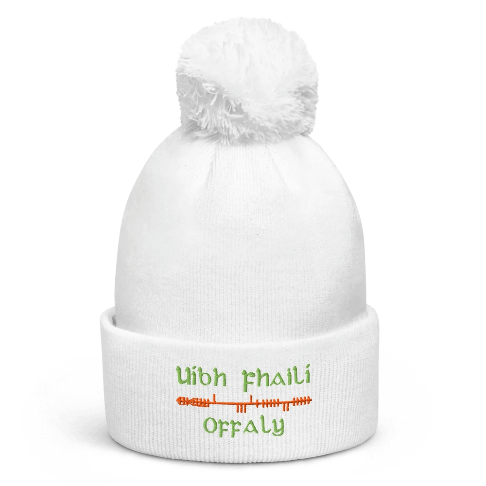 Offaly/Uíbh Fhailí Orthodox style Ogham, white with green and orange, embroidered Pom-Pom Beanie product image (1)