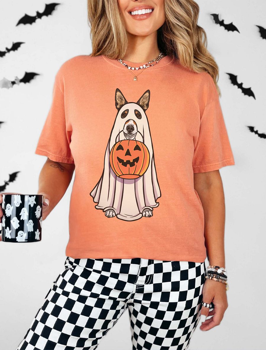 Funny Halloween Basenji(Tricolor) T-Shirt | Funny Basenji Wearing a Ghost Costume and Holding a Pumpkin Basket product image (19)