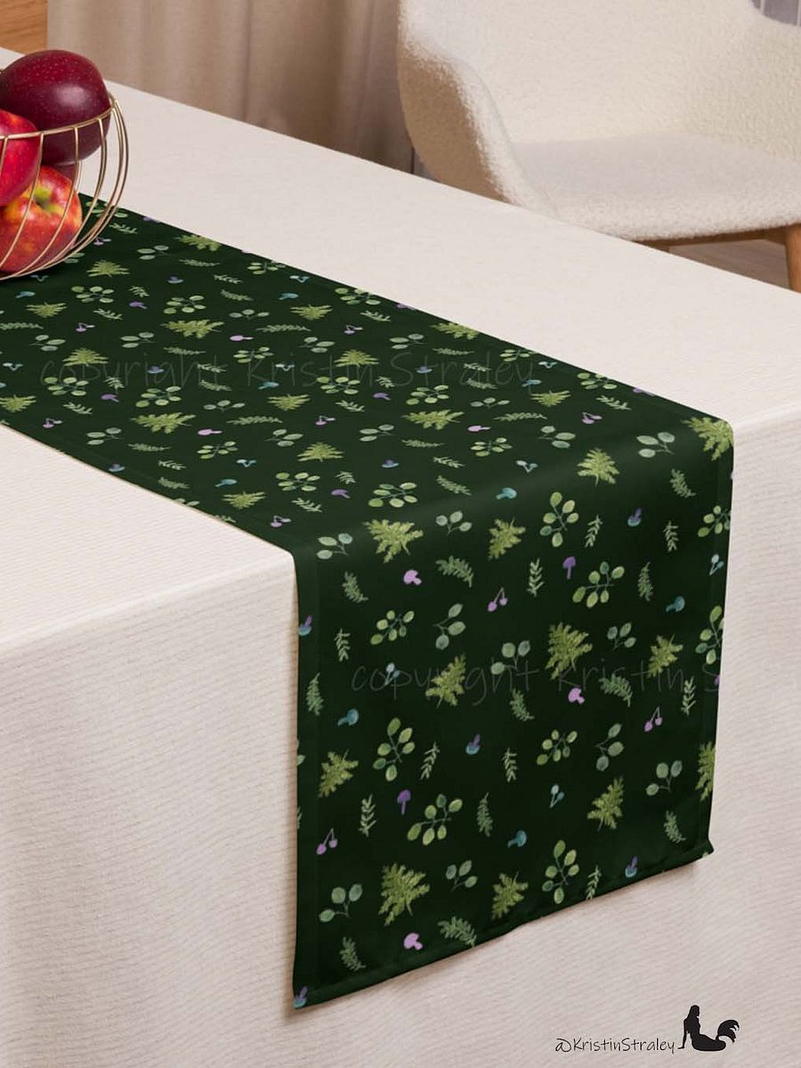 Woodland Ferns & Mushrooms on Dark Green Table Runner product image (3)