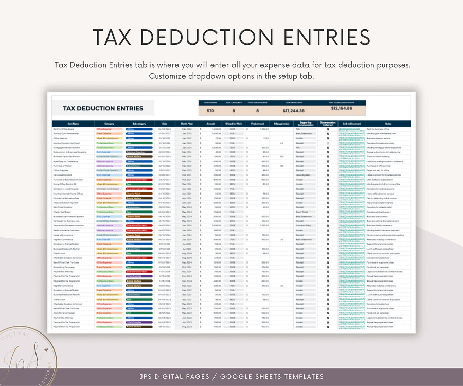 Tax Deductions Tracker & Dashboard Spreadsheet, Google Sheets Template product image (5)