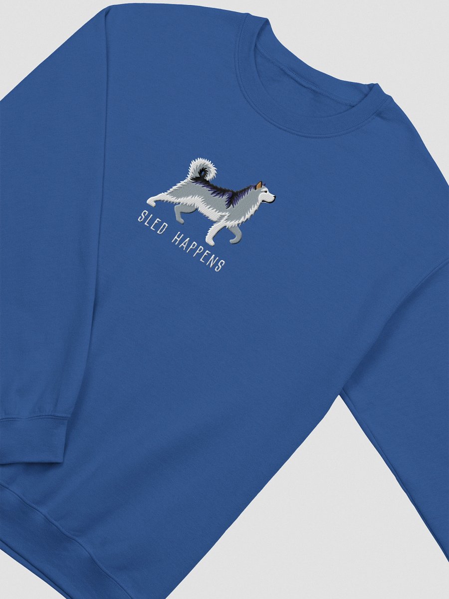 Sled Happens Sweatshirt (Embroidered) of an Alaskan Malamute(Gray & White) product image (12)