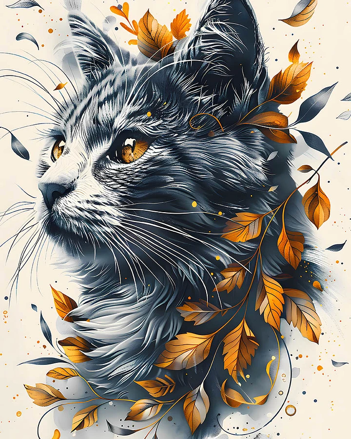 Whimsical Autumn Embrace: Majestic Cat Amidst Golden Leaves Illustration Matte Poster product image (1)