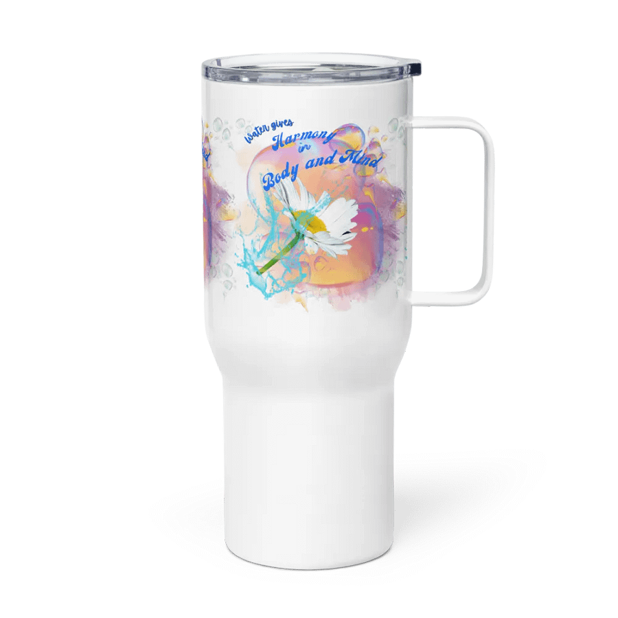 Travel mug with handle with beautiful swirly blue water drops  featuring This water gives Harmony in Body and Mind'. product image (3)