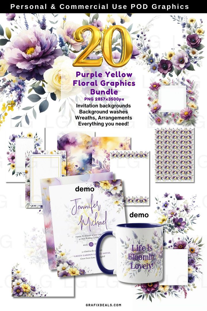 Purple Yellow Floral Graphics Bundle Commercial POD Use Clipart. 50% off for VIP50 Members! product image (1)