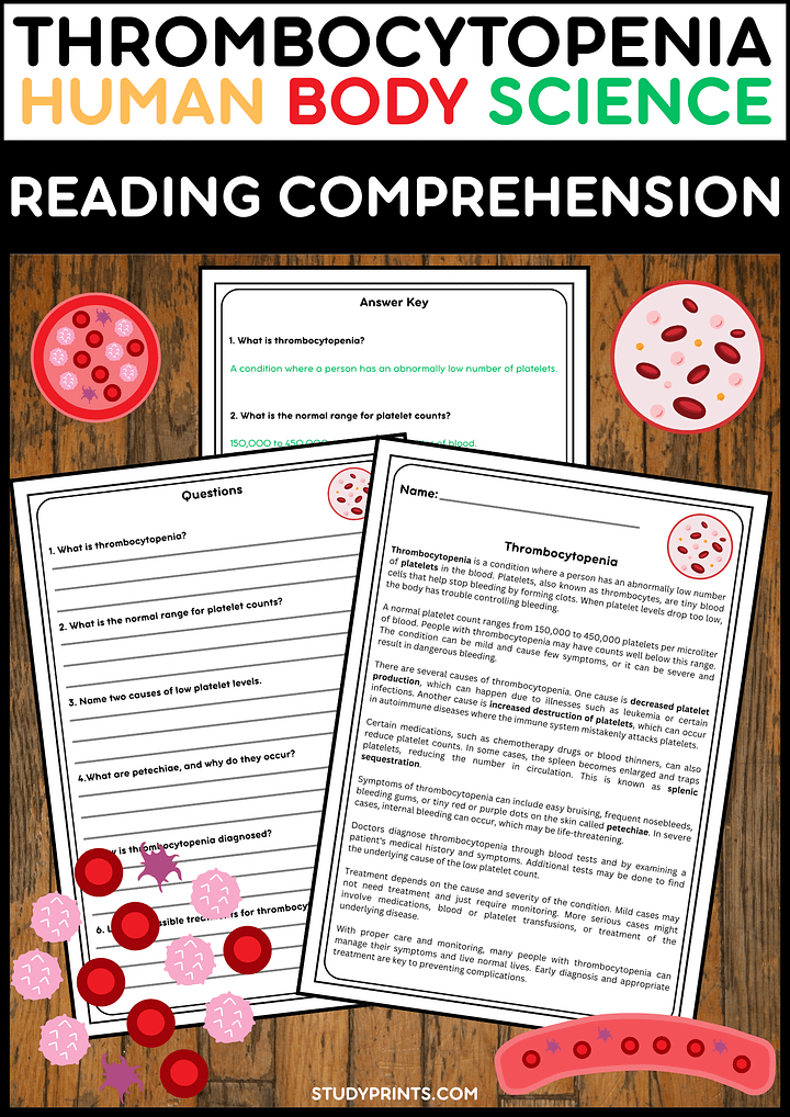 Thrombocytopenia Reading Passage with Comprehension Questions | Human Body Science product image (1)