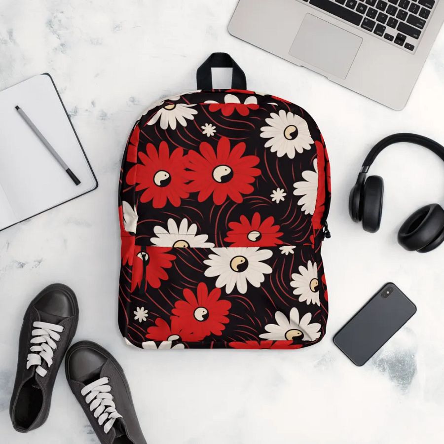 Versatile Medium-Sized Backpack 🔴 RED AND WHITE FLOWERS ⚫️ ⚪️ YIN AND YANG product image (12)