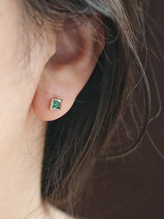 Green Princess-Cut Stud Earrings | 18K Gold Plated product image (2)