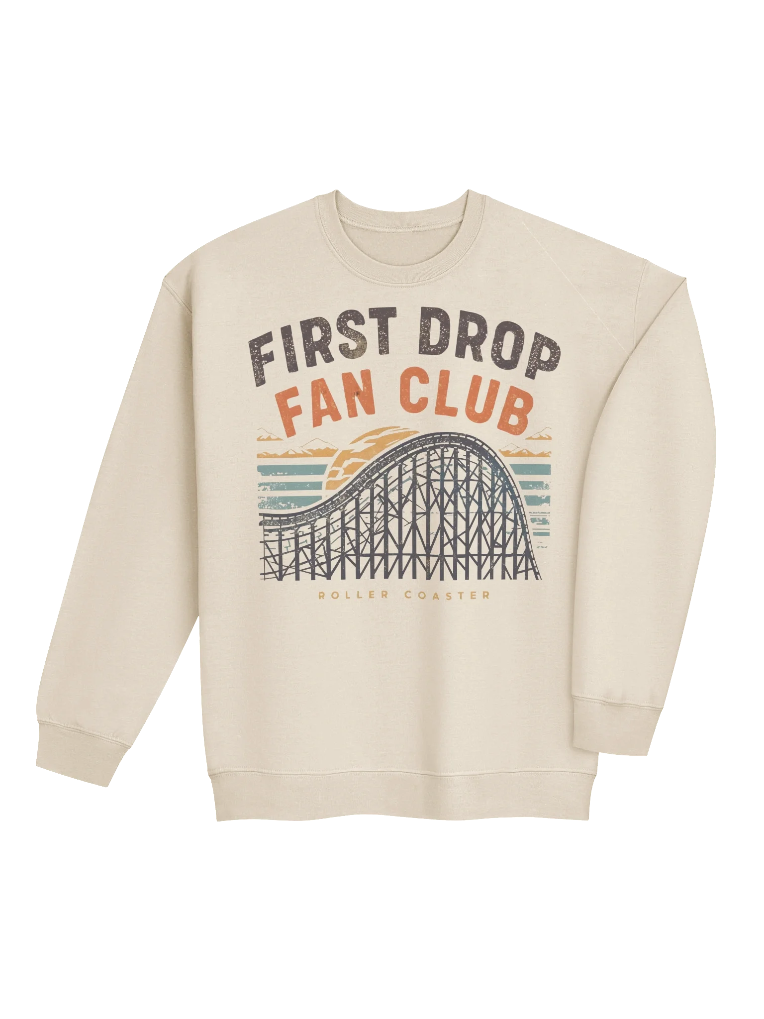 First Drop Fan Club – Retro Wooden Roller Coaster Sunset Sweatshirt product image (3)