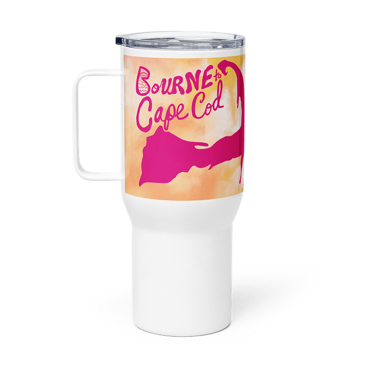 BOURNE to Cape Cod™ | Allcolor 267 | Stainless Steel Travel Mug with Handle | Insulated, Spill-Proof, Coastal Adventure Style | Pink Logo on Orange Tie-Dye product image (2)