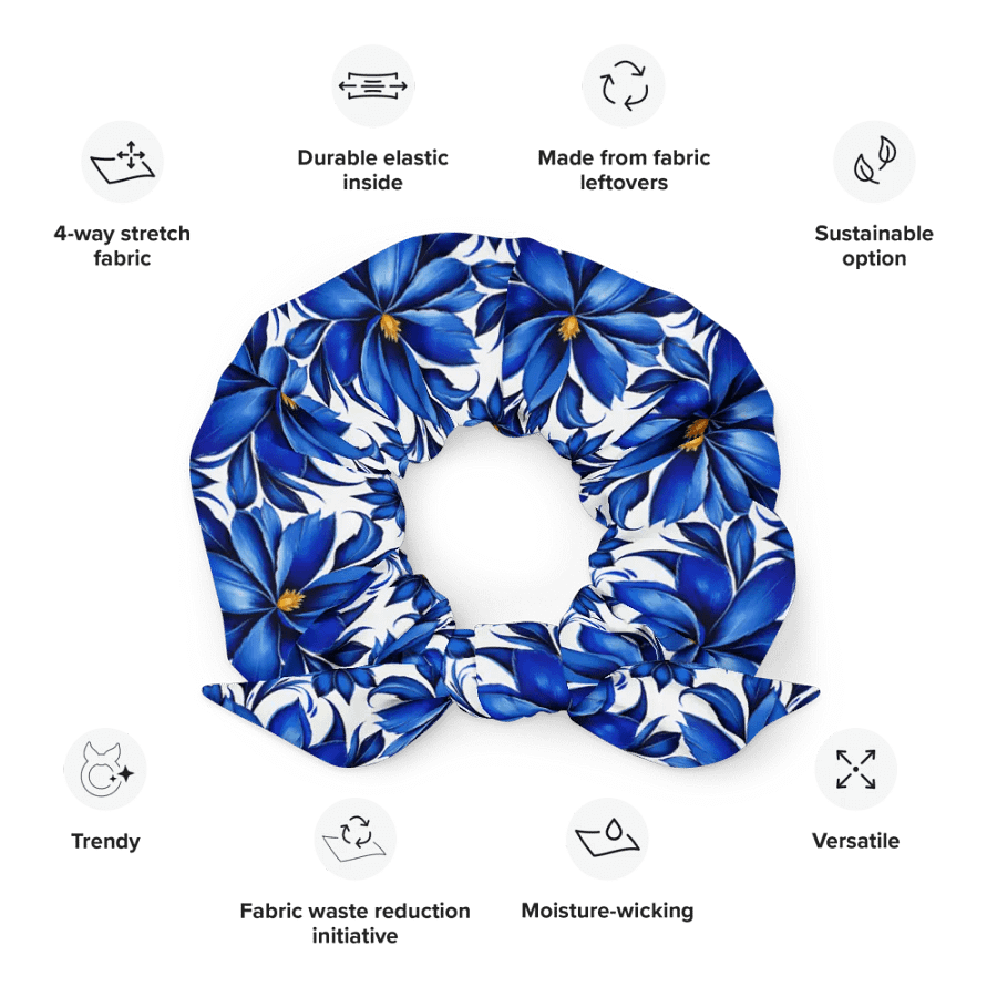 Hair Scrunchie - Painted Blue Flowers on White product image (12)